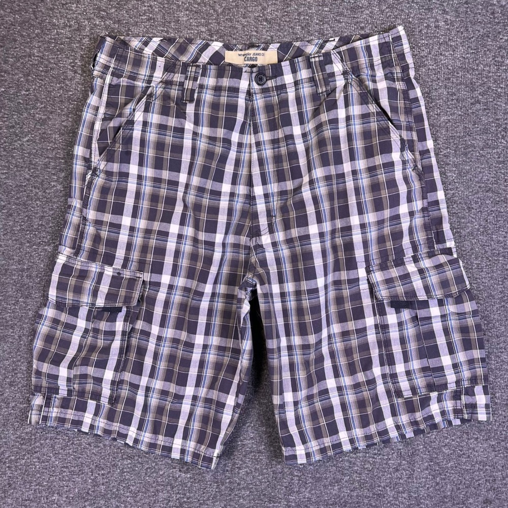 Wrangler Shorts Mens 34 Grey White Plaid Cargo Pockets‎ Outdoors Hiking Utility